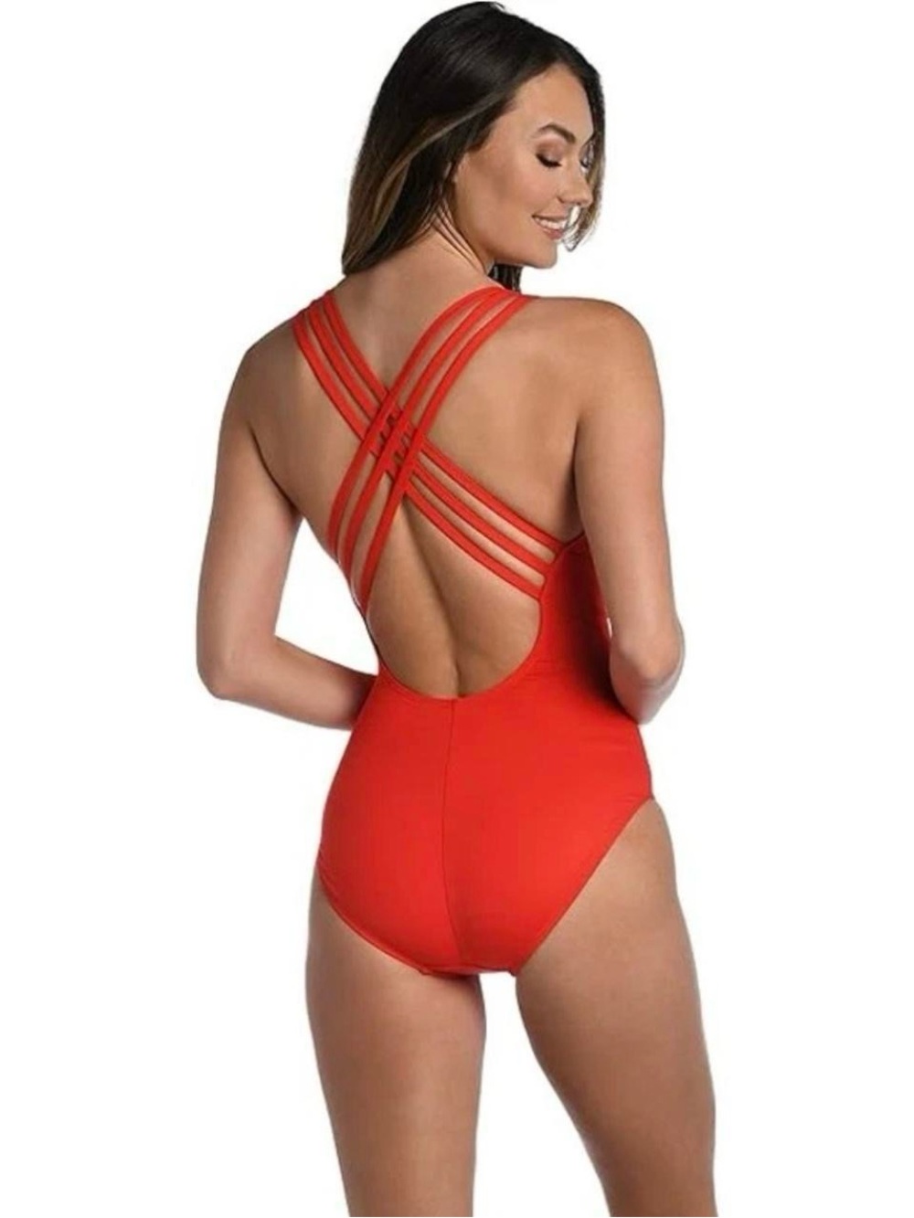 NWT La Blanca Red Island Goddess Multi Strap Cross Back One Piece Swimsuit, Sz 4